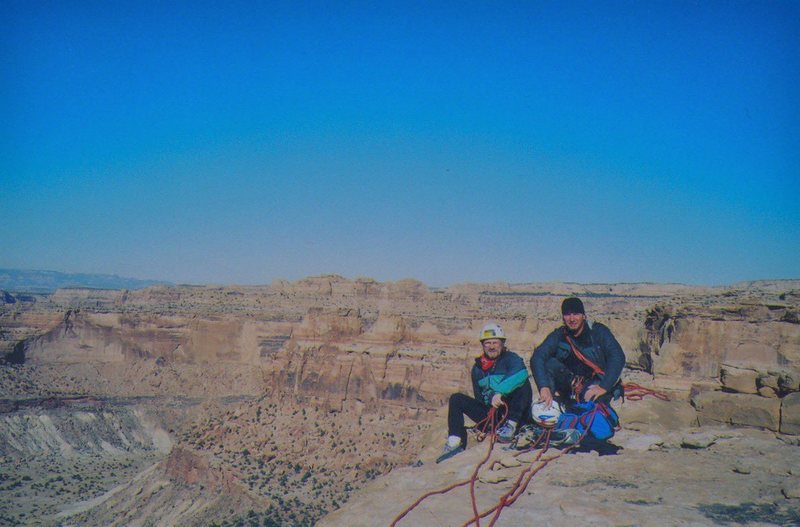 Ross and Potter on the summit of the Sphinx with part of the Calf Mesa behind