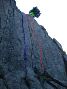 Beta photo for Eat Left (Blue) and Eat Right (Red). The belay/rap is installed on the tree above.