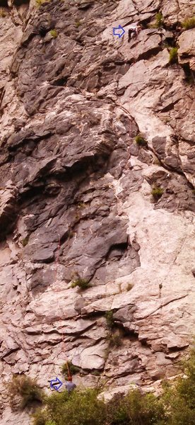 Climber at anchors of P1 of Solid Gold and belayer.<br>
<br>
<em>Eds.</em> The rope actually goes from the start of Furlough Day onto the upper part of P1 of Solid Gold.