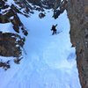 Dr. Inouye prepping for the next jump turn in the chalky, firm crux.