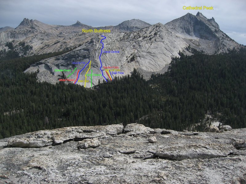 Routes on North Buttress viewed from Fairview Dome