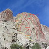 Beta photo for Red Rib Wall showing the location of Slab Happy and the new routes on the big wall to the left of El Castleton.  Red Rib, Numbshull, and El Castleton shown for perspective.