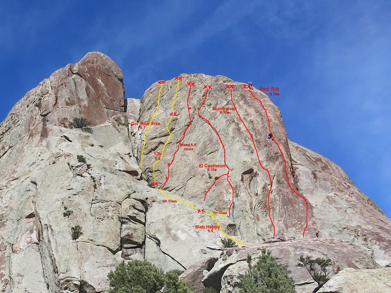 Beta photo for Red Rib Wall showing the location of El Castleton and the new routes on the big wall to the left of El Castleton.  Red Rib and Numbshull, shown for perspective.