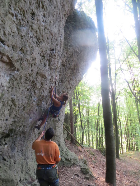 Fanny climbing the overhanging 7-.