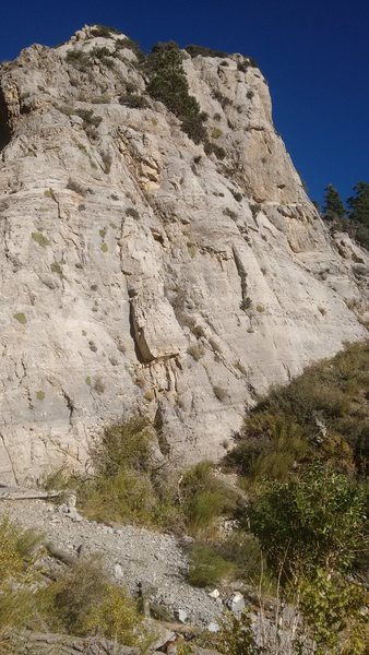 Jericho on the way to the Imagination Wall.  Mixed route which ascends the face right of the dihedral in the photo