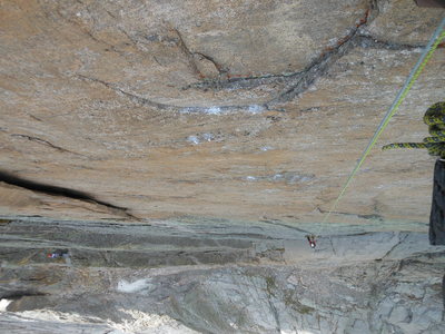Looking down at the crux pitch.