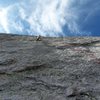 Just past the crux on p3 with a lot more rock to go!<br>
<br>
Photo by Guy H.