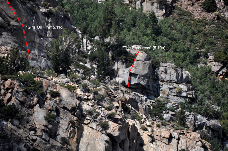 Panderer Cliff from the Ellery Lake Mining Road showing "The Procuress" (5.10a)