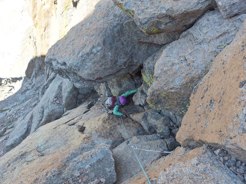 Nancy Bell on the crux pitch of Northwest Gully, Long's Peak.