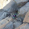 Nancy Bell on the crux pitch of Northwest Gully, Long's Peak.