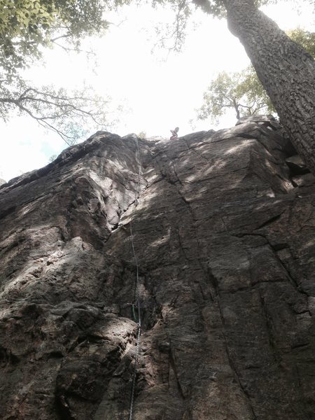 Fun climb for the grade. Notice the extended red runner near the top is attached to a nut-wire that is cinched on a protruding bolt.