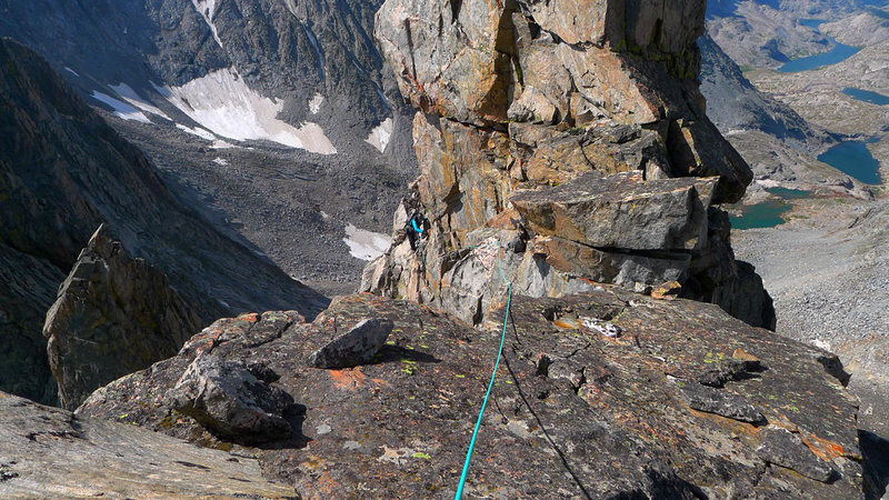 Exposed traverse past a gendarme on our 2nd pitch.