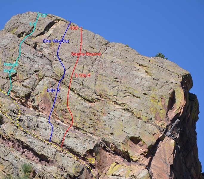 Natural Mystic climbs through the left side of the triangular roof and up the obvious crack system to the summit of Tower 2.