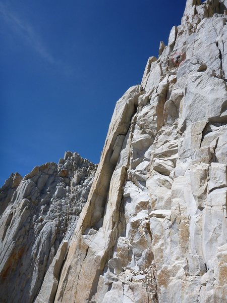 Joshua Reinig in black high on the Fresh Air Traverse.  Drew small circle around him.