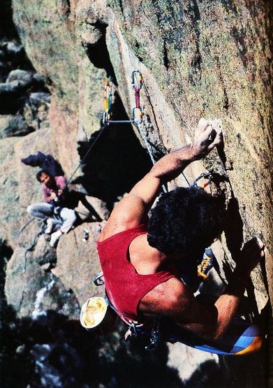 Mark Van Horn on <em>Here's to Future Ways</em> (5.12b), Elevenmile Canyon.<br>
<br>
Photo by Dan Heidenreich.