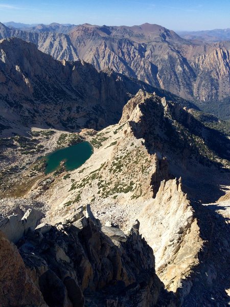 Looking down the North Arete towards Glacier Lake from one of the many summit blocks