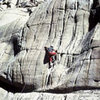 TRing a 5.10d groove up the center of the "Dinosaur Crag" above the Ellery Dam Mining Road, Lee Vining Canyon