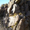 The Rappel Rock - at the very entrance to the canyon ... too bad it doesn't have a better name but it was where you could often see guys rappelling face down with tommy guns ... bolt & sling anchors at top, the stairstep face can be climbed in a variety of ways. 