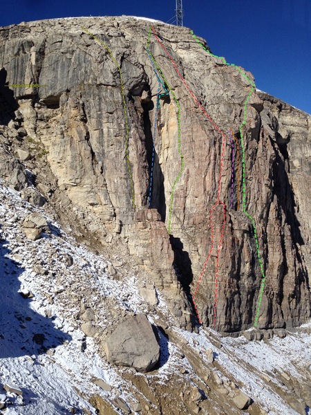 left to right: Corbet's Couloir, sport routes, unknown 5.9 crack, project, 5.12 roof crack, "shatter face", "toon-stand", "poo finger", "husbandry", "the long night"