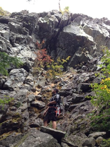 scramble up into the cave. The route goes up the (occasionally seeping) roof crack.