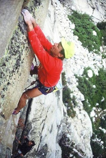 David Yerian on the FA of "Sweet Suspicion" (5.11a) in July 1990.