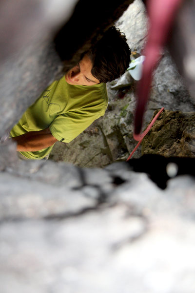 Quincy doing the 2nd ascent on a new boulder problem.