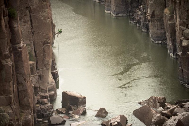 Fremont Canyon, WY. Rappelled to fish the river. Caught some fish, and climbed out on a fun 5.8 (I think) crack. <br>
Photo by Jeff Rueppel