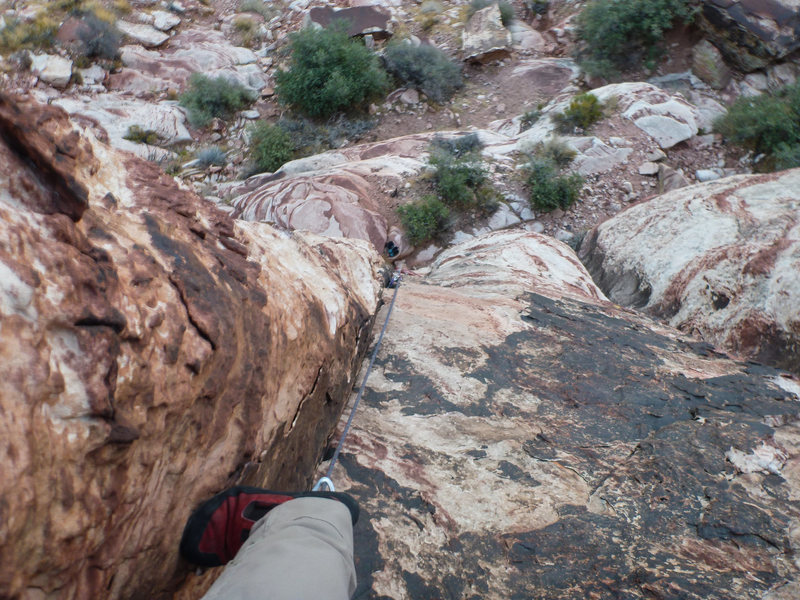 Looking down after the technical crux.