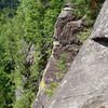 Sword as viewed from the top of Wandering Lunatic. The X shows the location of the bolt at the crux.