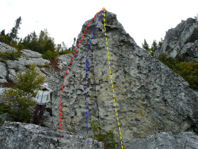 A- Le lézard 5.10a<br>
B- Molaire facile 5.10b<br>
C- Rage dedans 5.11b