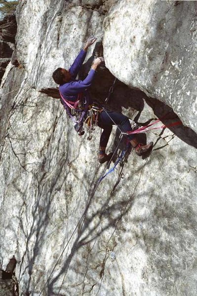 Dennis Walker making an ascent of Double Overhang 5.10 / Clausius Smith Den / Harriman State Park / 1988