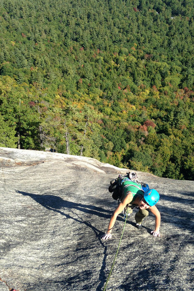 Torie almost done to the top. Here she approaches the last tree belay.