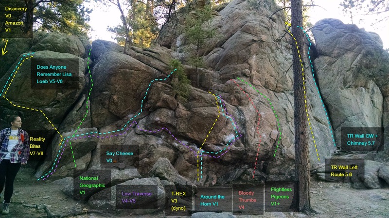 Boulder problems and TR Wall:<br>
<br>
[[Discovery, V0]]106733916.<br>
[[Amazon, V1]]106733927.<br>
[[Does Anyone Remember <br>
Lisa Loeb?, V5-V6]]106865021.<br>
[[Reality Bites, V7-V8]]107071593.<br>
[[National Geographic, V0]]106507953.<br>
[[Say Cheese, V0]]106507982.<br>
[[Low Traverse, V4-V5]]106512416.<br>
[[T-REX, V3]]106507893.<br>
[[Around The Horn, V1]]106508102.<br>
[[Bloody Thumbs, V3]]106733714.<br>
[[Flightless Pigeon, V1+]]106508079.<br>
[[TR Wall Left Route, 5.6]]106508155.<br>
[[TR Wall OW + Chimney, 5.7]]106508164.