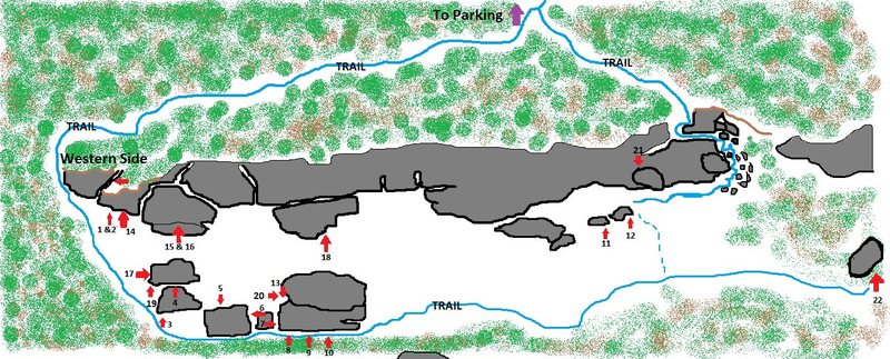 Rough topo of Beam rocks, Distances ect... will not be perfect but locations of boulders and problems will be good to help you find your way around.  Lots of the white area is boulder field, I will try and update and draw in as much as possible as accurately as possible over time.  <br>
<br>
Blue line - Trail<br>
Dotted Blue Line - Path not a beaten trail<br>
Red Arrows - Boulder problem (note some not listed) <br>
<br>
1 - "You Must Find a Shrubbery"<br>
2 - "The Great Migration"<br>
3 - "Cross Hatch"<br>
4 - "Ain't No Thang"<br>
5 - "Chicken Wing On A String"<br>
6 - "Scissor Me Timbers"<br>
7 - "Perdy Mouth"<br>
8 - "Varicose Veins"<br>
9 - "Frosted Flakes"<br>
10 - "Why So Serious"<br>
11 - "Proboscis"<br>
12 - "Just The Tip" <br>
13 - "Scratching Post"<br>
14 - "Your Other Left"<br>
15 - "Over the Rainbow"<br>
16 - "Ruffles Have Ridges"<br>
17 - "Cool Runnings"<br>
18 - "Don't Forget Your Towel"<br>
19 - "Working the Corner"<br>
20 - "Supernumerary"<br>
21 - "52 Card Pickup"<br>
22 - "Exclusion Delusion"