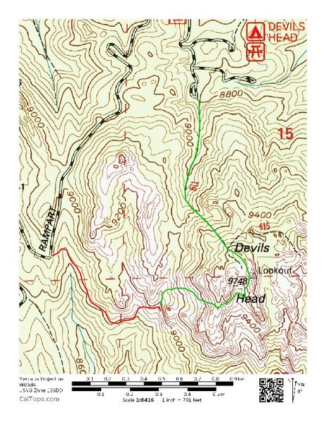 Approach map. Red shows the easiest approach to Jungle Wall. Green shows the approach we took in by trying to follow the currently posted approach descriptions, in conjunction with the comments here.<br>
<br>
If you try to follow the approach instructions on this page, you will hike at least an extra mile and several hundred more vertical feet up and down, bushwhacking, in ridiculously difficult route finding terrain. The directions deposit you far, far from the Jungle Wall with no further discernible directions.<br>
<br>
It took us 2.5 hours to find the Jungle Wall on our way in (green). It took about 30 minutes to hike out via the red trail, where we should have parked. There is a great climber's trail that contours above the drainage on the backside of Wipeyur Buttress, then traverses east below Wipeyur Buttress/slabs to reach the gully draining Wipeyur Buttress, Jungle, Training Grounds, etc. It's a short hike to the base from here.<br>
<br>
Save yourself the effort, and park at the small pullout on Rampart Range Road around 8,940' before the road takes a hard turn west and then northwest prior to a hairpin turn. This is practically the same approach information on Wipeyur Buttress' page.