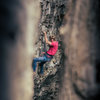 Jonny on El Diablo. As seen through the small tree on the talus.