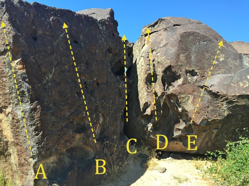 Cube (East Face):<br>
A) Cube Arete V1<br>
B) Cube Descent V0<br>
C) Dihedral Downclimb V0<br>
D) Easy Huecos V1<br>
E) Snapper V4