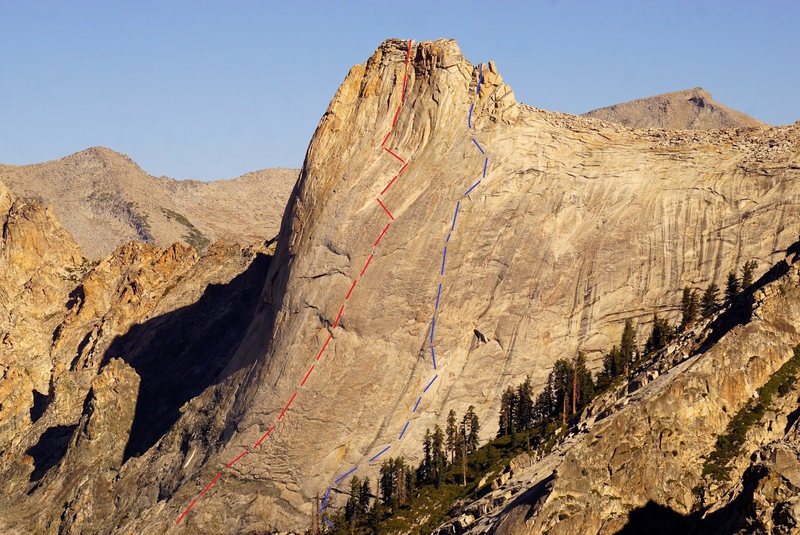 Both routes on the South Face of Cherubim Dome: <br>
Blue - Dark Angels Have More Fun<br>
Red - What Dreams May Come