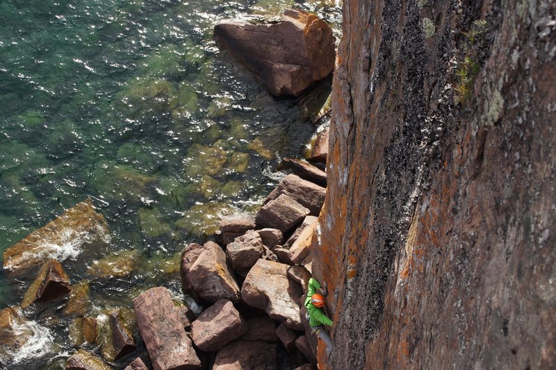 Exiting the crux corner. Photos by Bob Omann. 