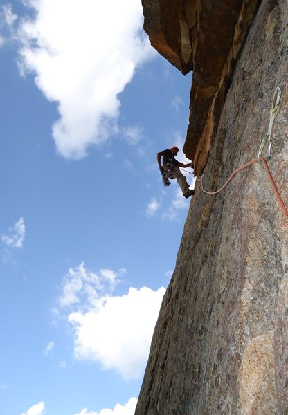 Me on the 4th pitch traverse under the roof.