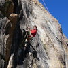 Josh on the crux move of, Terrible Two's 5.10b, Shuteye classic!