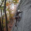 The crux start on the slab.  I needed a bit of help from a stick to get the cam in overhead to protect these moves.