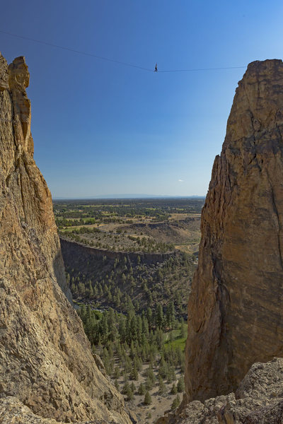 Jason Fautz on the "temple of the winds" line, atop the monuments at Smith Rock.