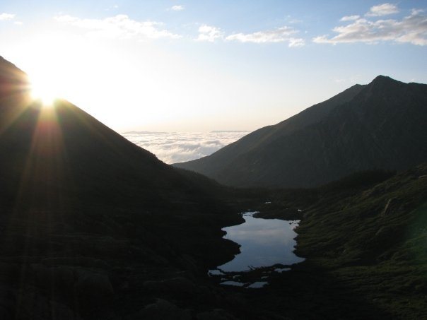 Sunrise looking back toward campsites from the approach to The Needle.