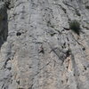 Halfway up the 35 meter pitch, El Chorro, Spain