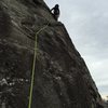 Heading out of the ramp section on P2 of Jim Dandy. Photo taken from the P1 belay ledge.