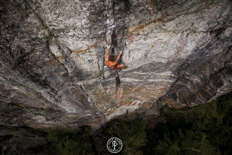 Mark Richey on the crux of Wild Thing after climbing it's stellar direct start, Independence. Photo by Ross Henry.