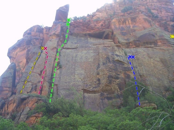 The Whiskey Wall, L->R:<br>
<br>
Caroline's OW, Caroline's Crack, Make John Do It, People Are Watching, in blue. The yellow Xs on the right top are the area where Whiskey River anchors are.