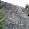 Sea of Green's P2 wide crack (originally on P1). The rope lies, roughly, on the line of P2 of Rock Candy 