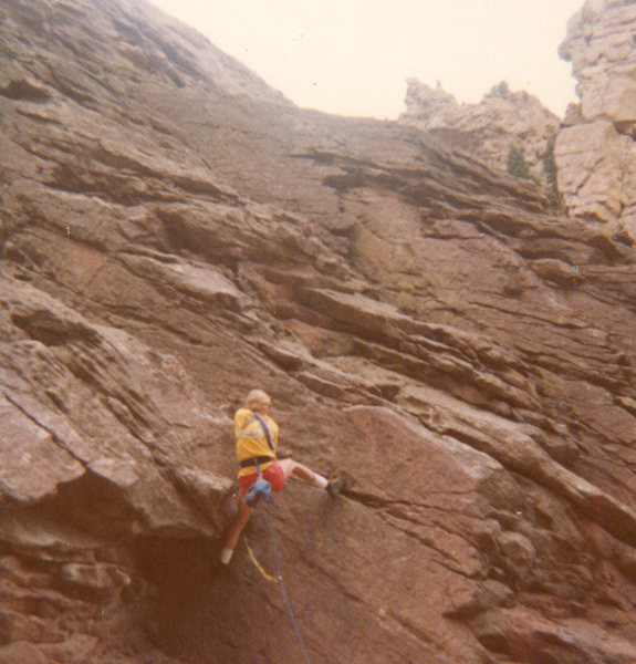Eric Ming back in '76 climbing the grease in old, olive green, Chouinard wall shoes.